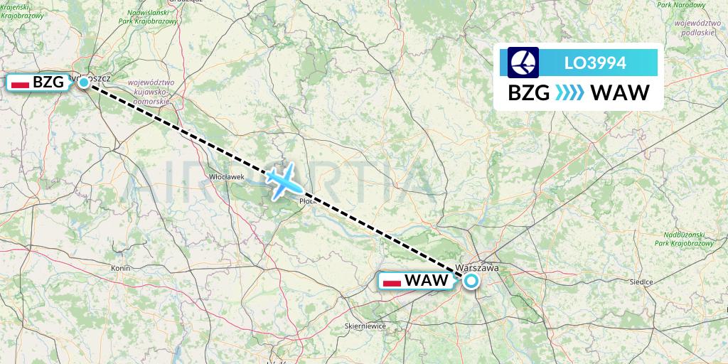 LO3994 LOT Flight Map: Bydgoszcz to Warsaw
