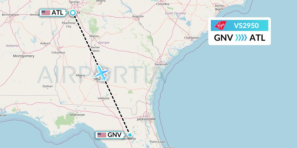 VS2950 Virgin Atlantic Airways Flight Map: Gainesville to Atlanta