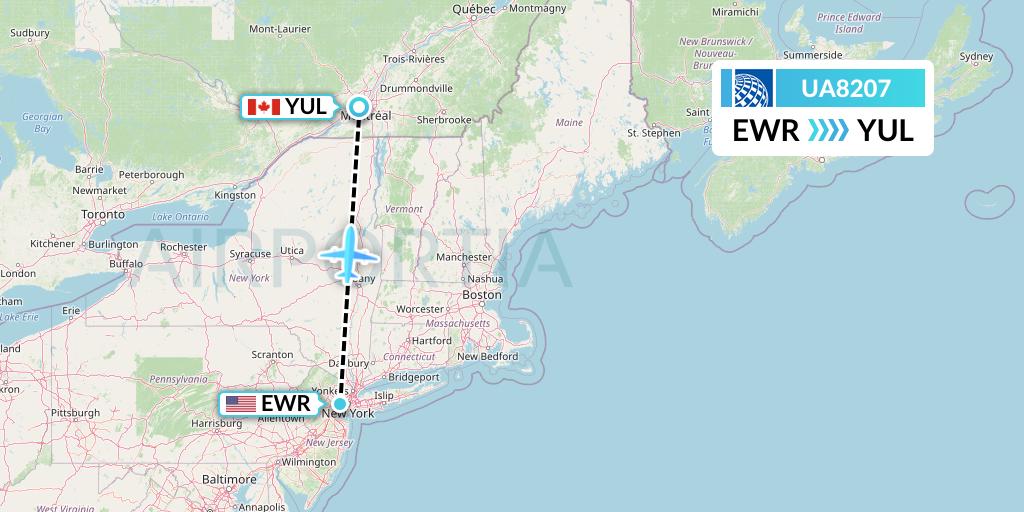 UA8207 United Airlines Flight Map: New York to Montreal