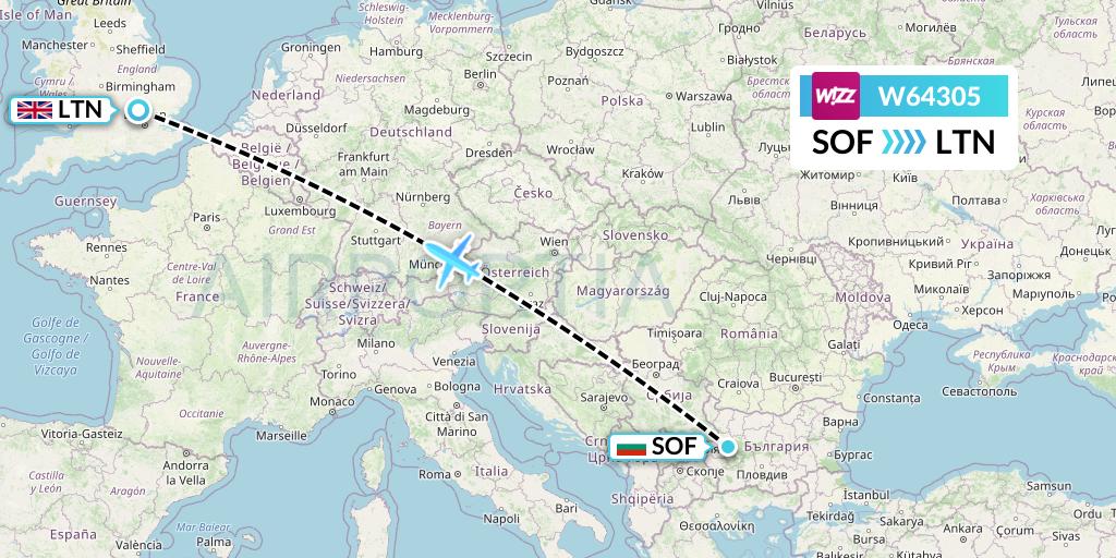 W64305 Wizz Air Flight Map: Sofia to London
