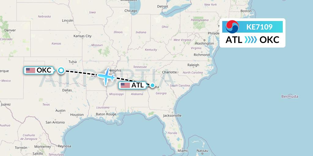 KE7109 Korean Air Flight Map: Atlanta to Oklahoma City