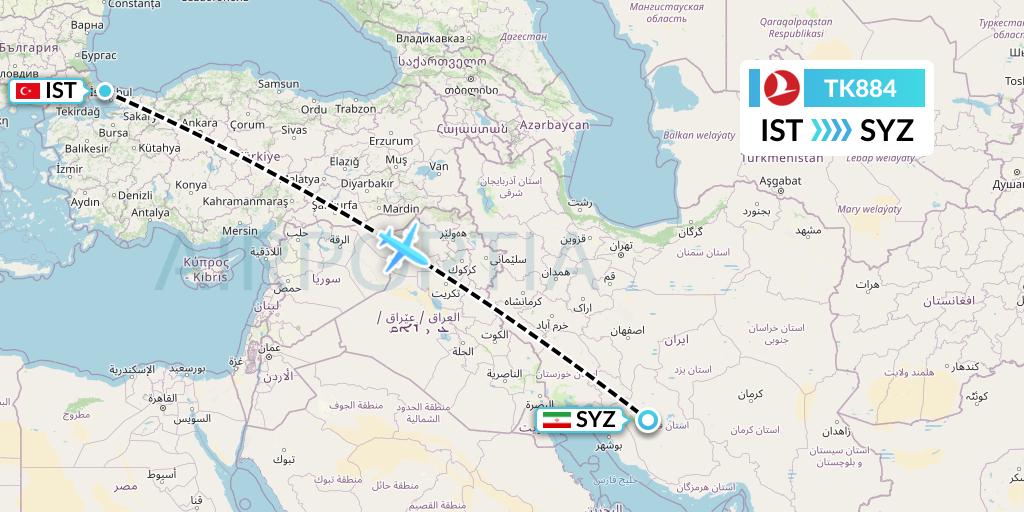 TK884 Turkish Airlines Flight Map: Istanbul to Shiraz