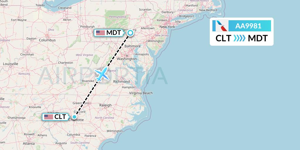 AA9981 American Airlines Flight Map: Charlotte to Harrisburg