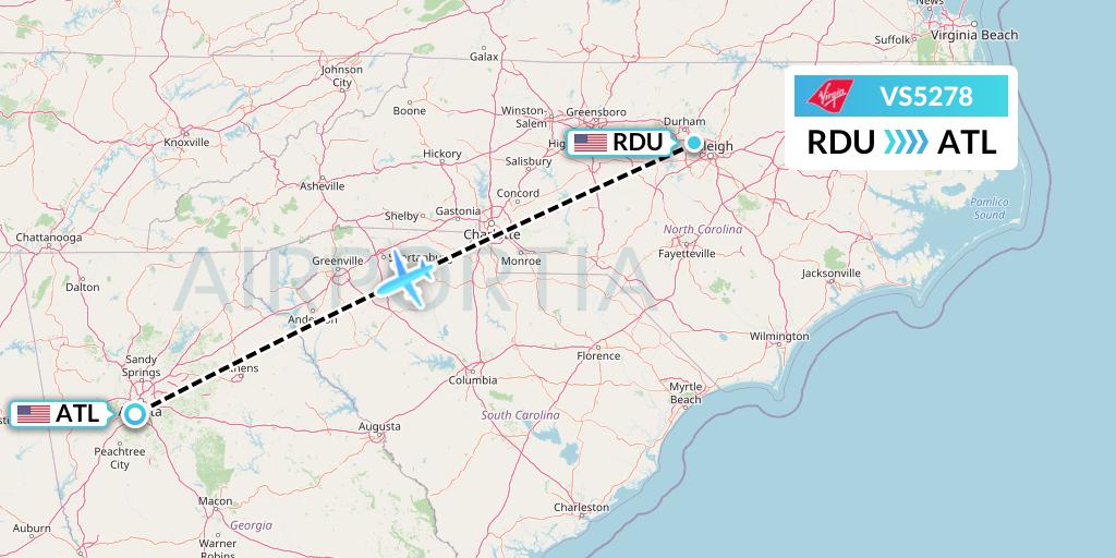 VS5278 Virgin Atlantic Airways Flight Map: Raleigh-Durham to Atlanta