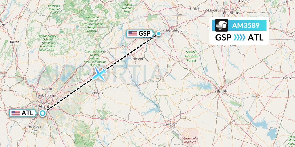 AM3589 Aeromexico Flight Map: Greenville-Spartanburg to Atlanta