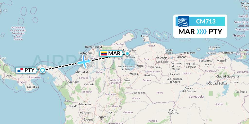 CM713 Copa Airlines Flight Map: Maracaibo to Panama City