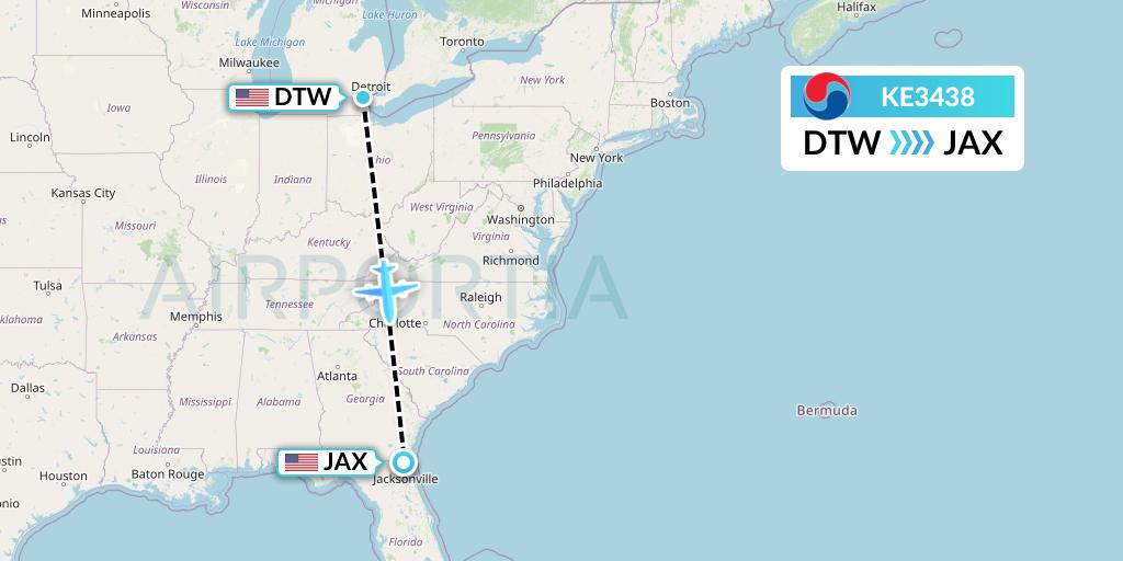 KE3438 Korean Air Flight Map: Detroit to Jacksonville