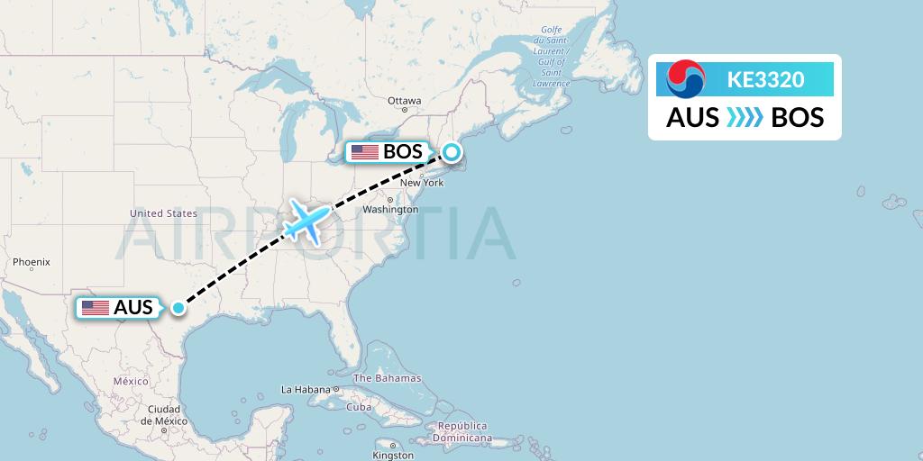 KE3320 Korean Air Flight Map: Austin to Boston
