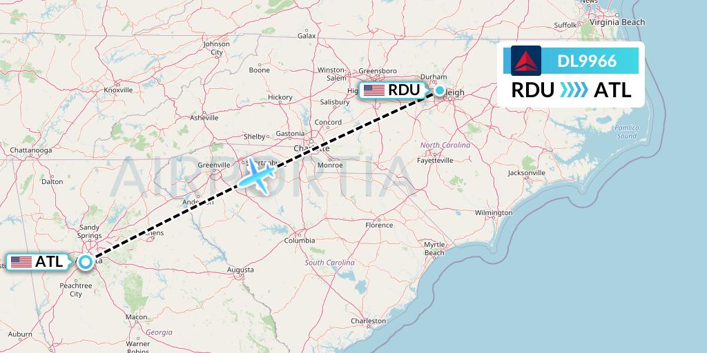 DL9966 Delta Air Lines Flight Map: Raleigh-Durham to Atlanta
