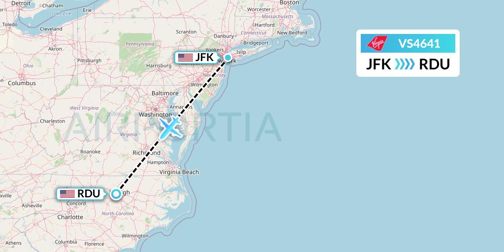 VS4641 Virgin Atlantic Airways Flight Map: New York to Raleigh-Durham