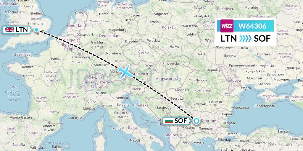 W64306 Wizz Air Flight Map: London to Sofia