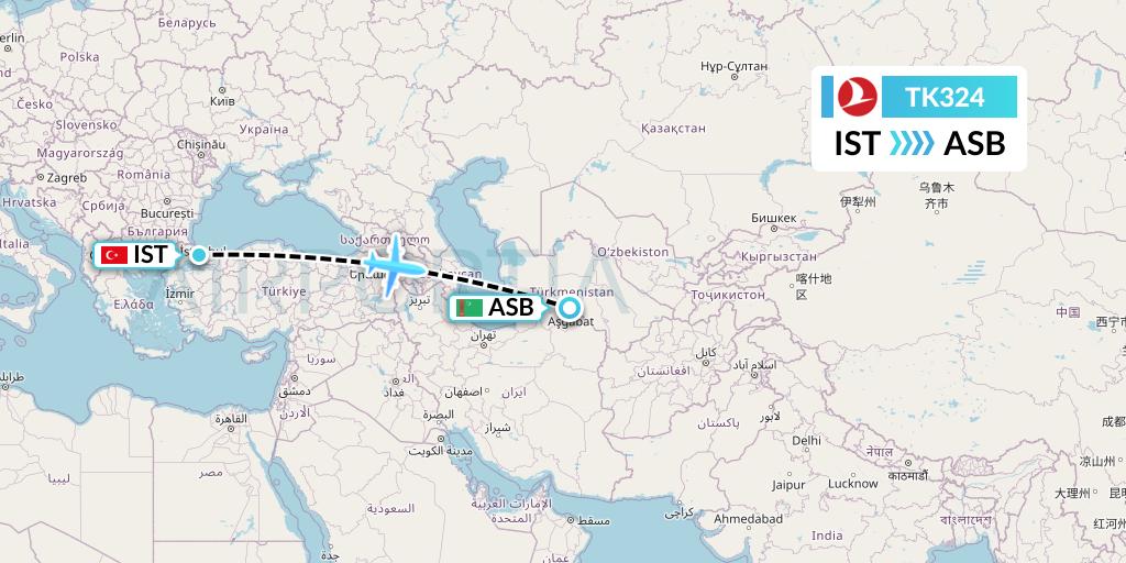 TK324 Turkish Airlines Flight Map: Istanbul to Ashgabat