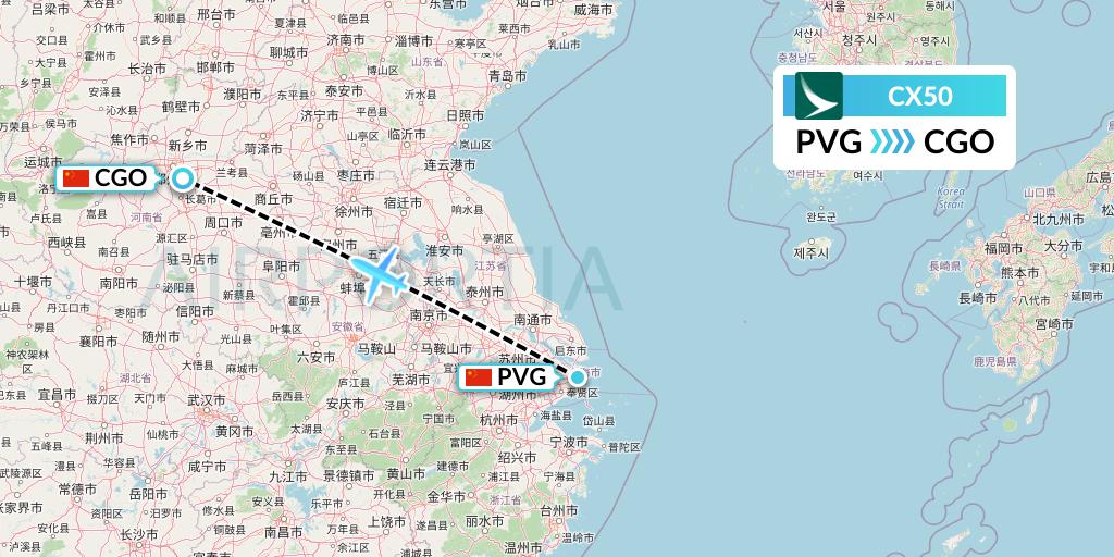 CX50 Cathay Pacific Flight Map: Shanghai to Zhengzhou