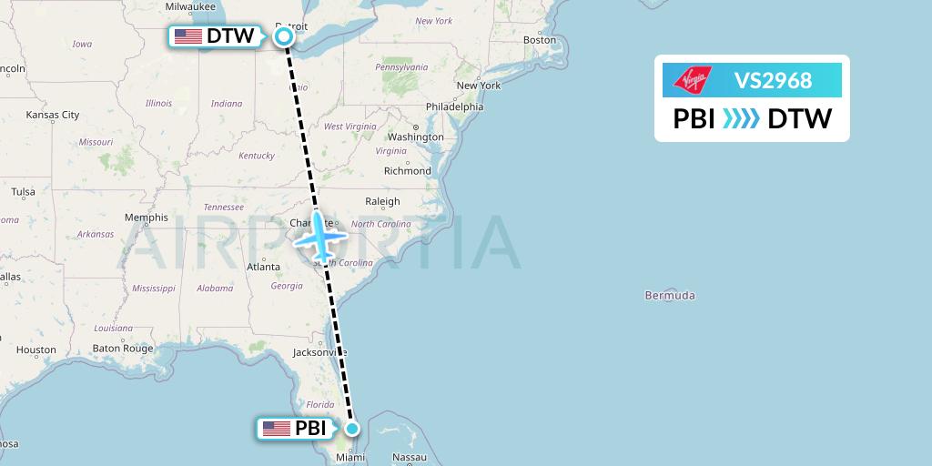 VS2968 Virgin Atlantic Airways Flight Map: West Palm Beach to Detroit