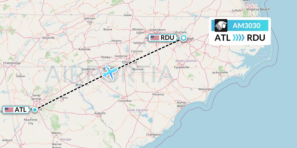 AM3030 Aeromexico Flight Map: Atlanta to Raleigh-Durham