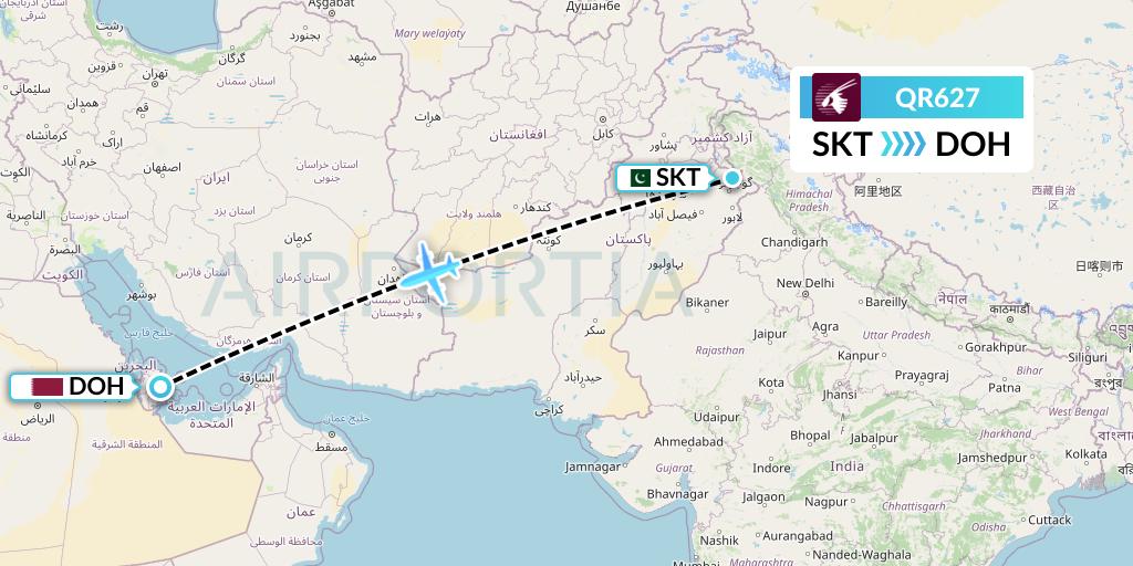 QR627 Qatar Airways Flight Map: Sialkot to Doha