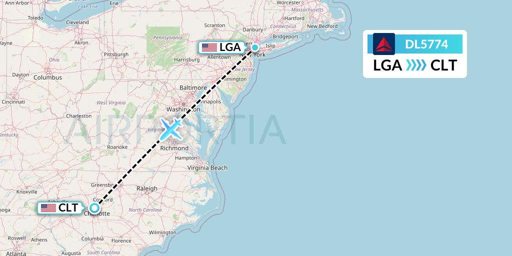 DL5774 Delta Air Lines Flight Map: New York to Charlotte
