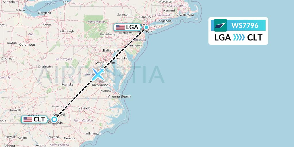 WS7796 WestJet Flight Map: New York to Charlotte
