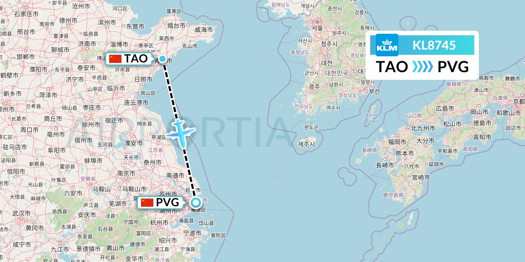 KL8745 KLM Flight Map: Qingdao to Shanghai