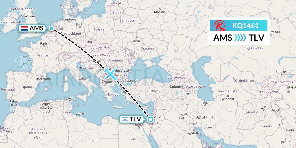 KQ1461 Kenya Airways Flight Map: Amsterdam to Tel Aviv