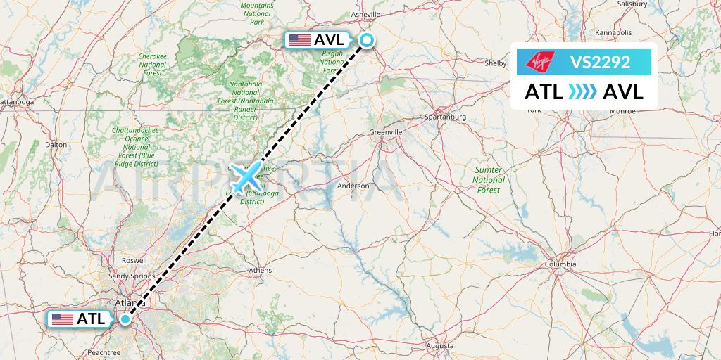 VS2292 Virgin Atlantic Airways Flight Map: Atlanta to Asheville