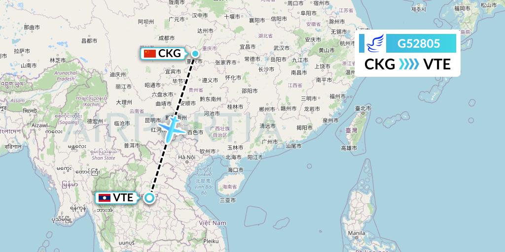 G52805 China Express Airlines Flight Map: Chongqing to Vientiane