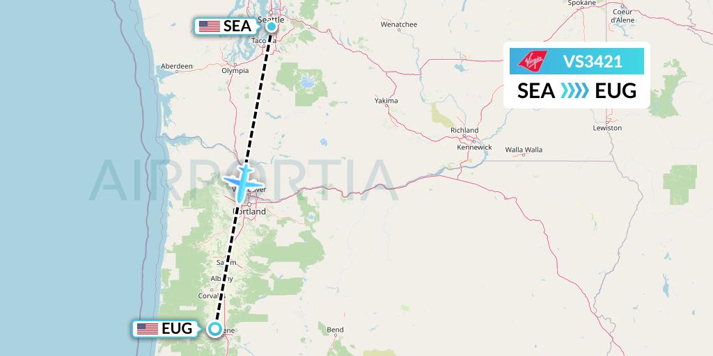 VS3421 Virgin Atlantic Airways Flight Map: Seattle to Eugene