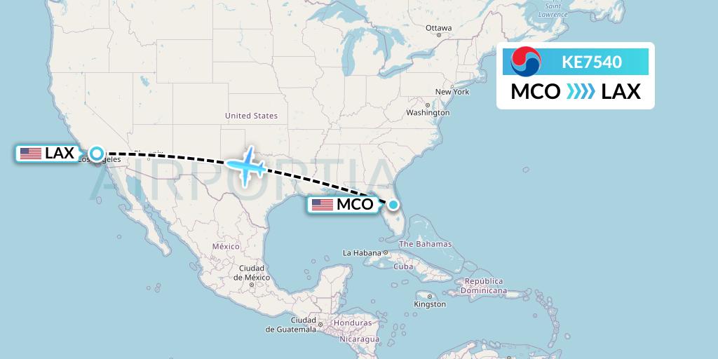 KE7540 Korean Air Flight Map: Orlando to Los Angeles