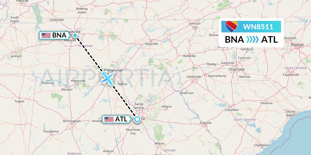WN8511 Southwest Airlines Flight Map: Nashville to Atlanta