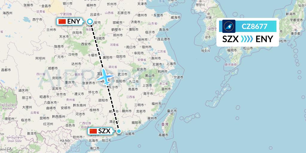 CZ8677 China Southern Airlines Flight Map: Shenzhen to Yan'an