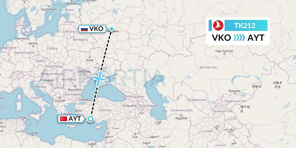 TK212 Turkish Airlines Flight Map: Moscow to Antalya