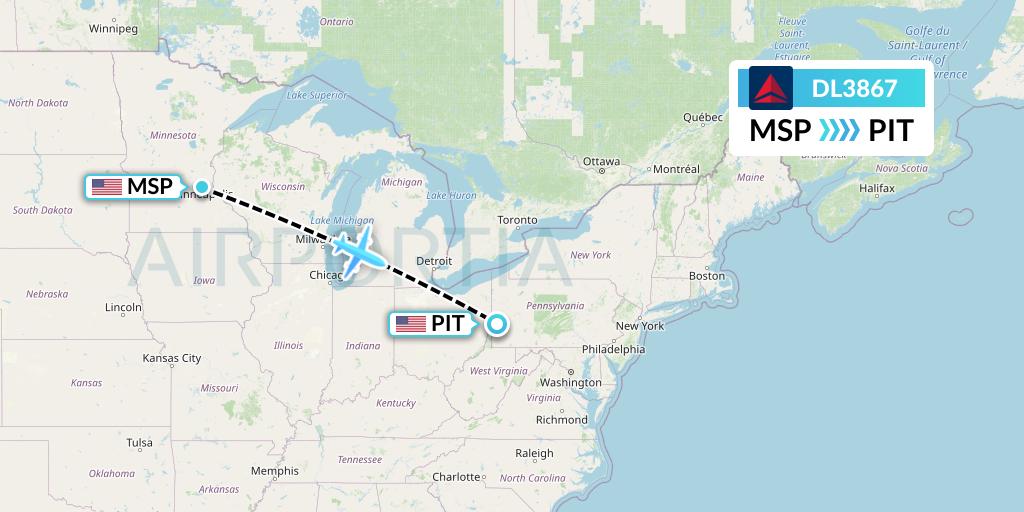 DL3867 Delta Air Lines Flight Map: Minneapolis to Pittsburgh
