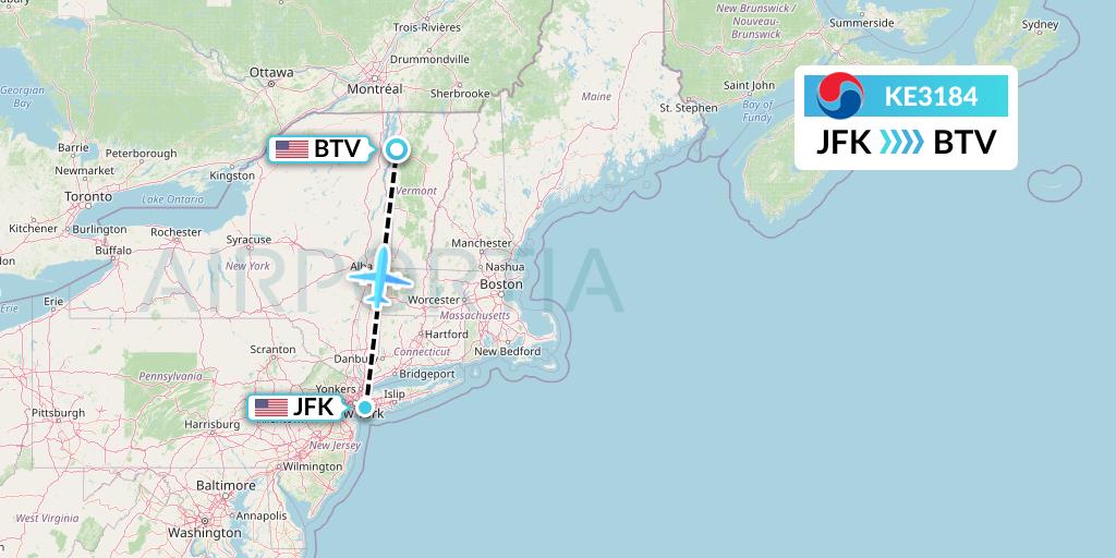 KE3184 Korean Air Flight Map: New York to Burlington