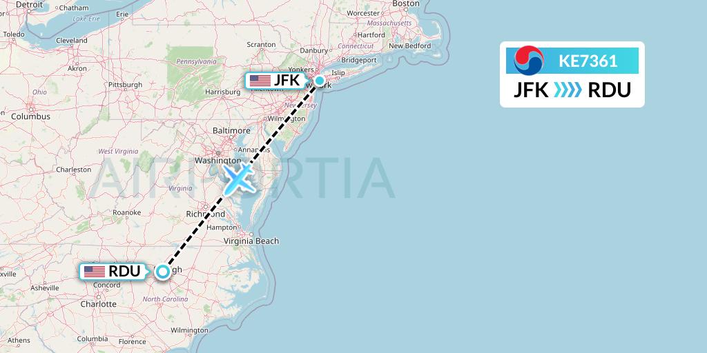 KE7361 Korean Air Flight Map: New York to Raleigh-Durham