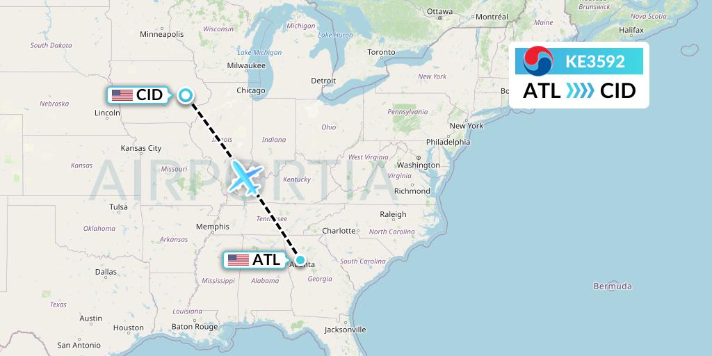 KE3592 Korean Air Flight Map: Atlanta to Cedar Rapids