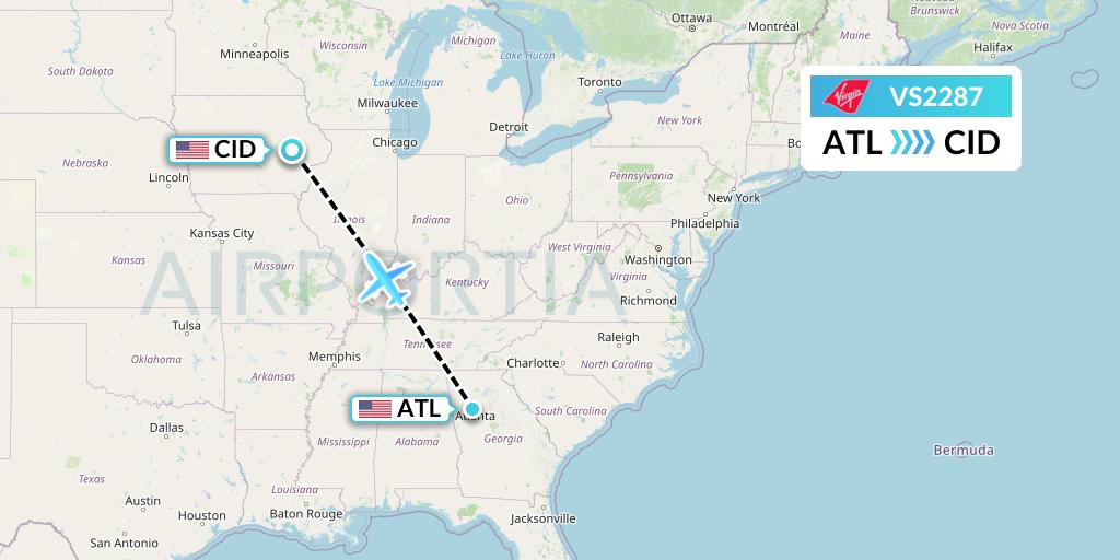VS2287 Virgin Atlantic Airways Flight Map: Atlanta to Cedar Rapids