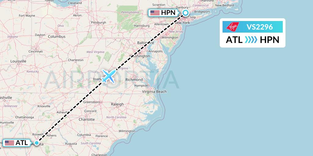 VS2296 Virgin Atlantic Airways Flight Map: Atlanta to White Plains