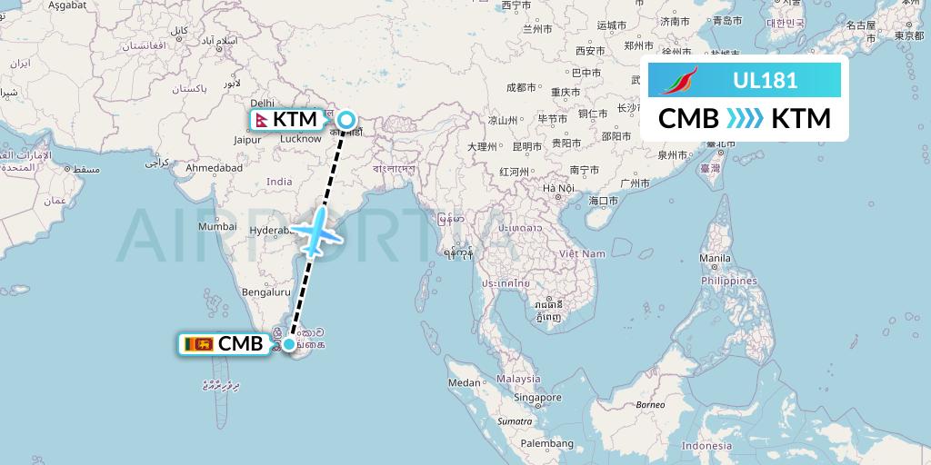 UL181 SriLankan Airlines Flight Map: Colombo to Kathmandu