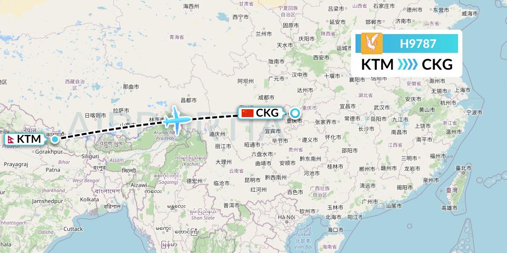 H9787 Himalaya Airlines Flight Map: Kathmandu to Chongqing
