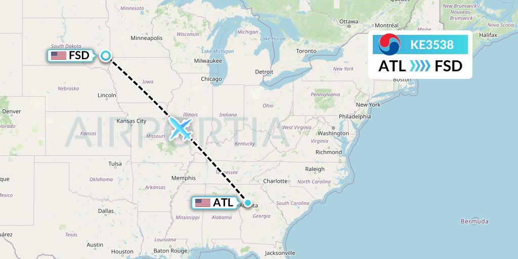 KE3538 Korean Air Flight Map: Atlanta to Sioux Falls