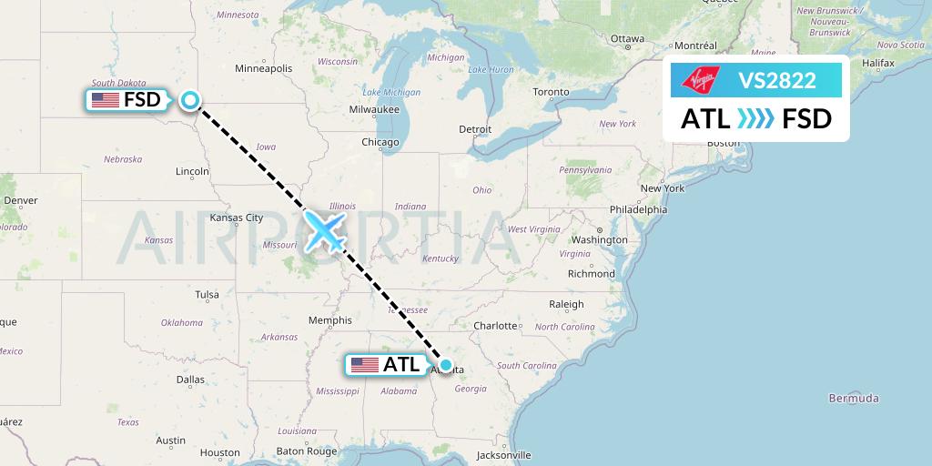 VS2822 Virgin Atlantic Airways Flight Map: Atlanta to Sioux Falls