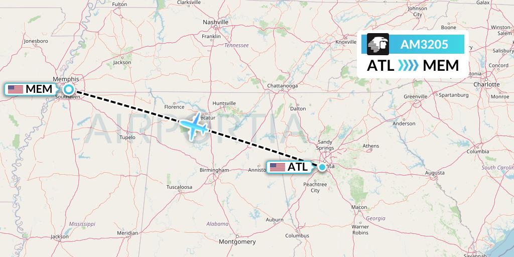 AM3205 Aeromexico Flight Map: Atlanta to Memphis