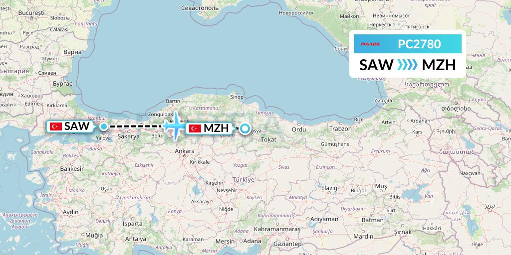 PC2780 Pegasus Airlines Flight Map: Istanbul to Merzifon