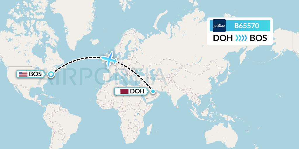 B65570 JetBlue Airways Flight Map: Doha to Boston