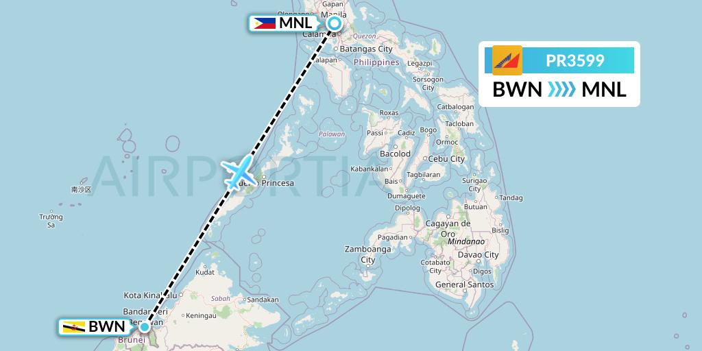 PR3599 Philippine Airlines Flight Map: Brunei to Manila