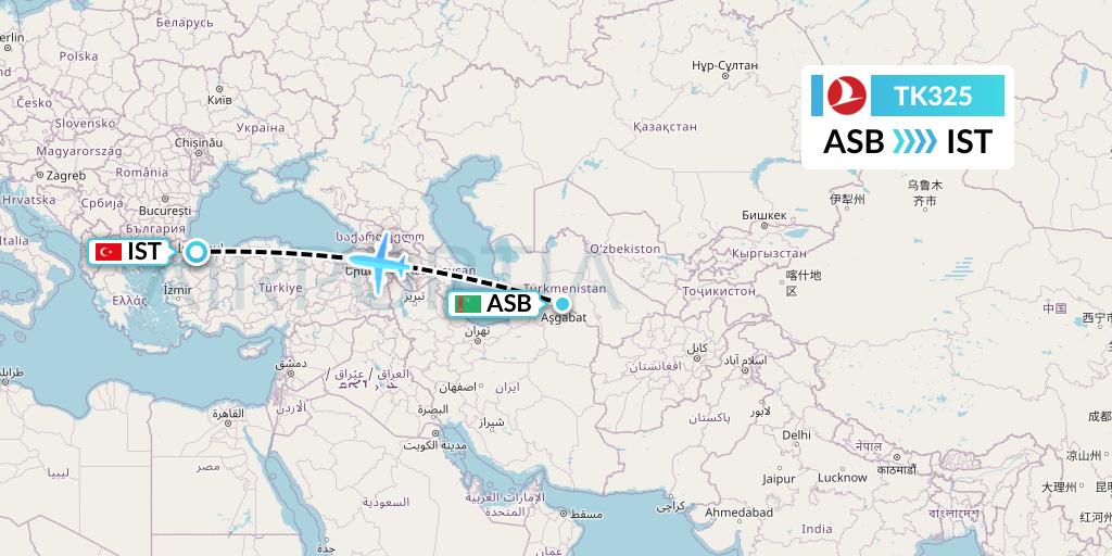 TK325 Turkish Airlines Flight Map: Ashgabat to Istanbul