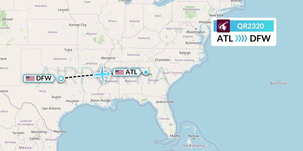 QR2320 Qatar Airways Flight Map: Atlanta to Dallas
