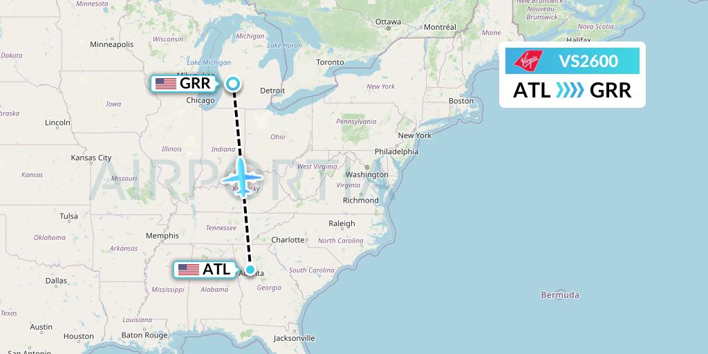 VS2600 Virgin Atlantic Airways Flight Map: Atlanta to Grand Rapids