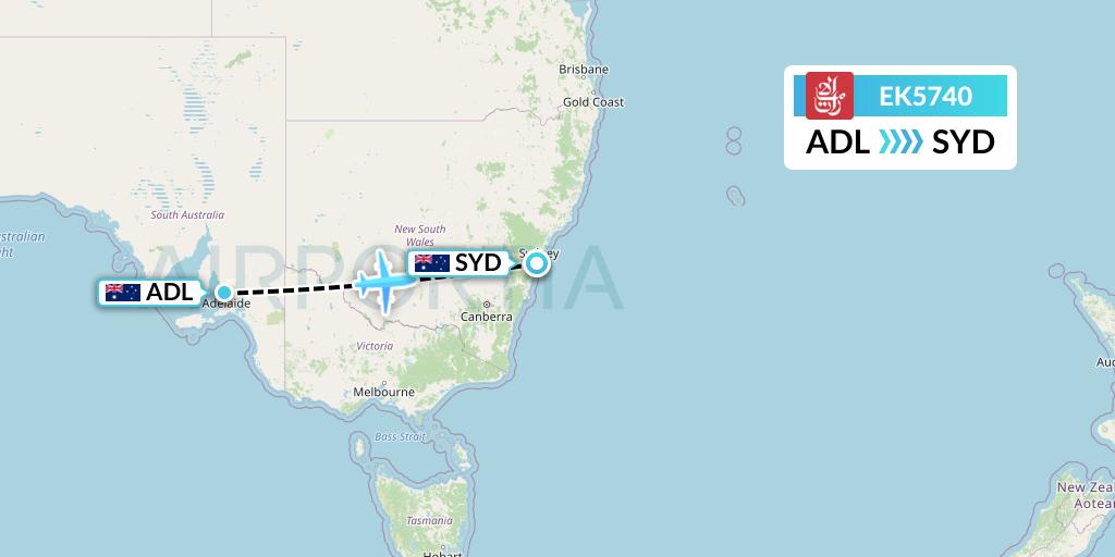 EK5740 Emirates Flight Map: Adelaide to Sydney