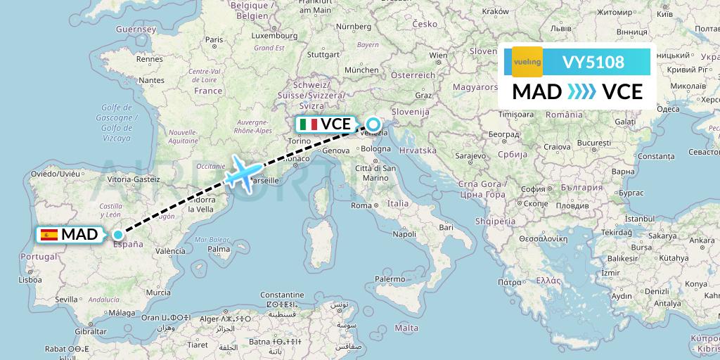 VY5108 Vueling Flight Map: Madrid to Venice